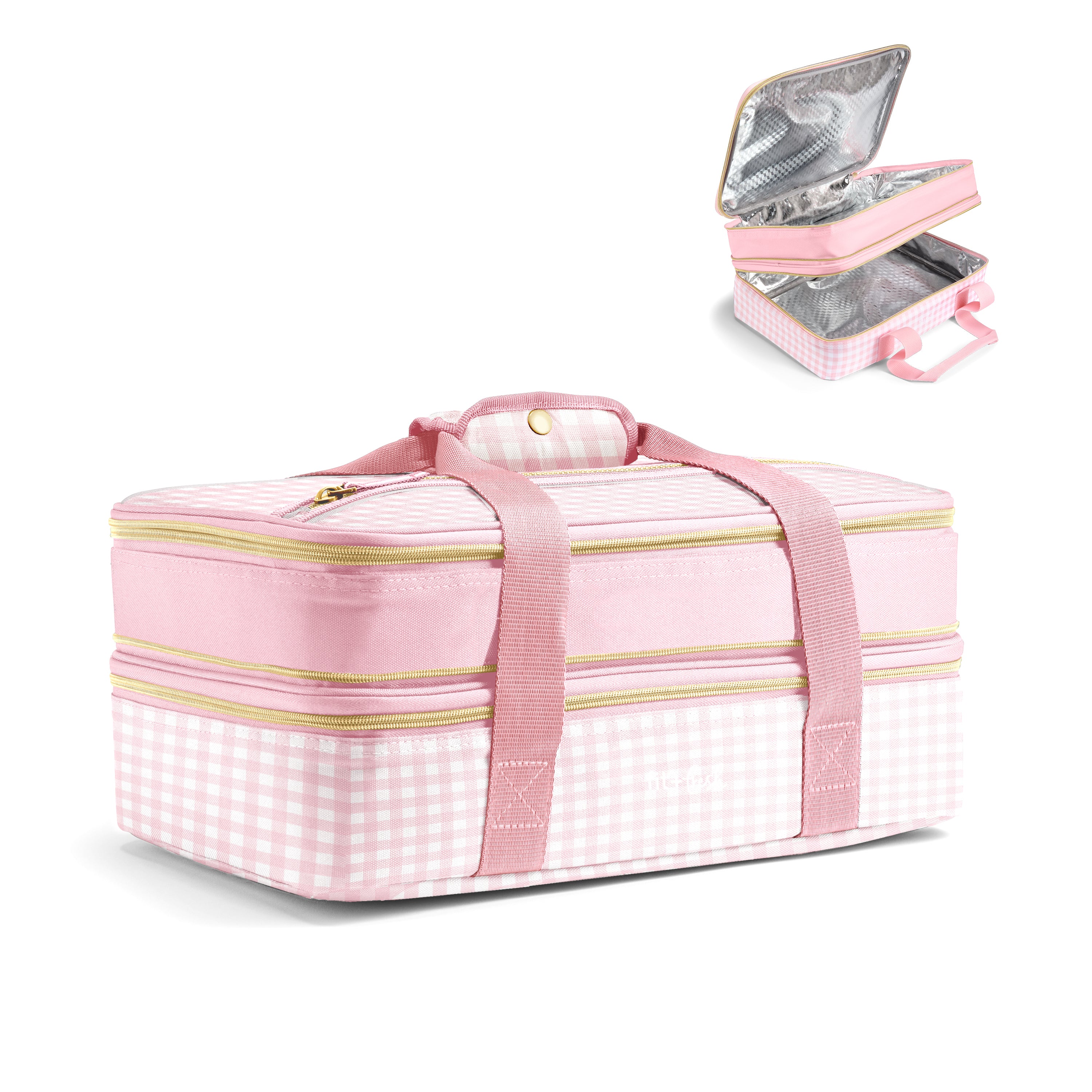 fit-fresh-insulated-double-decker-casserole-carrier-pink-gingham-expandable-two- image 1