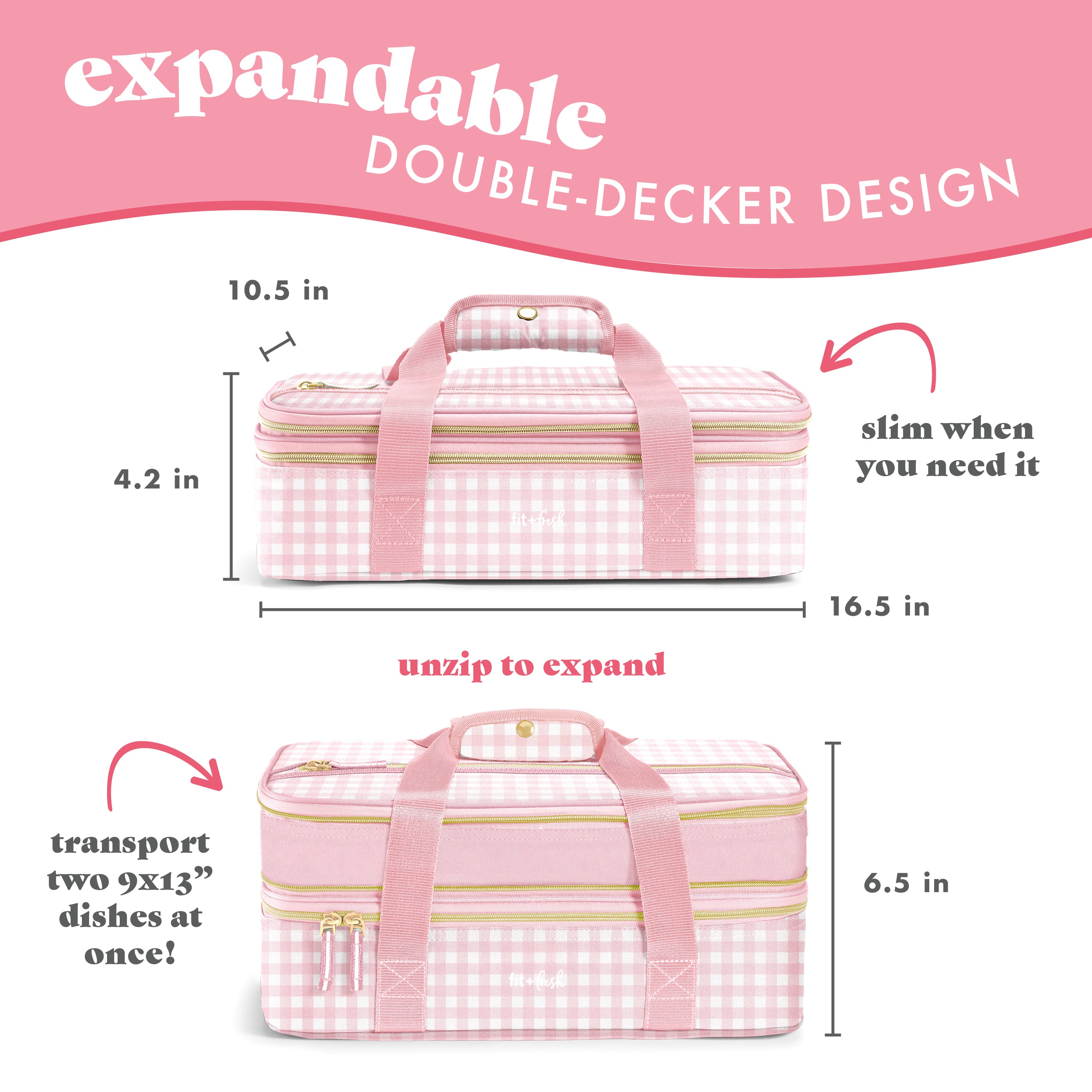 fit-fresh-insulated-double-decker-casserole-carrier-pink-gingham-expandable-two- image 4
