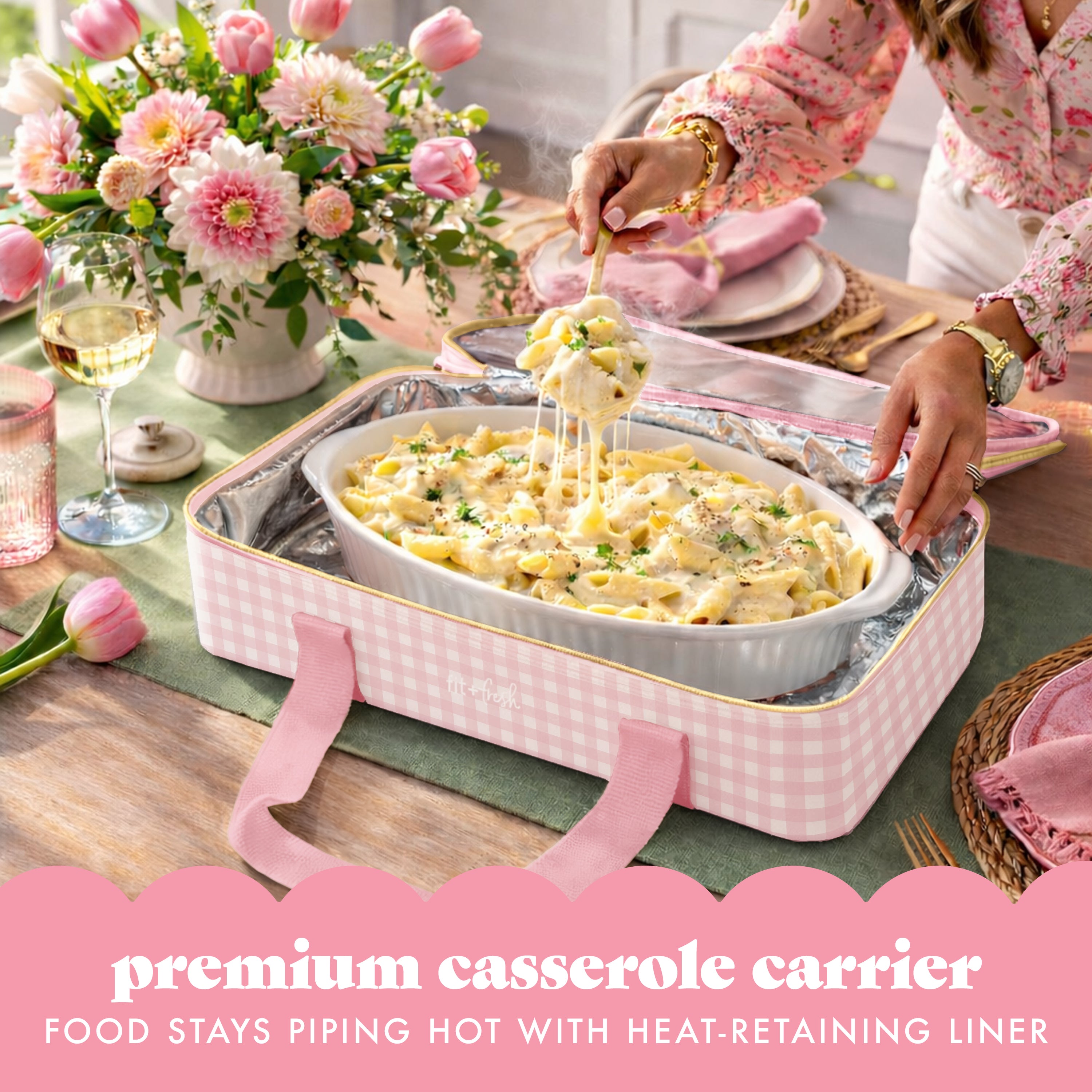 fit-fresh-insulated-double-decker-casserole-carrier-pink-gingham-expandable-two- image 5