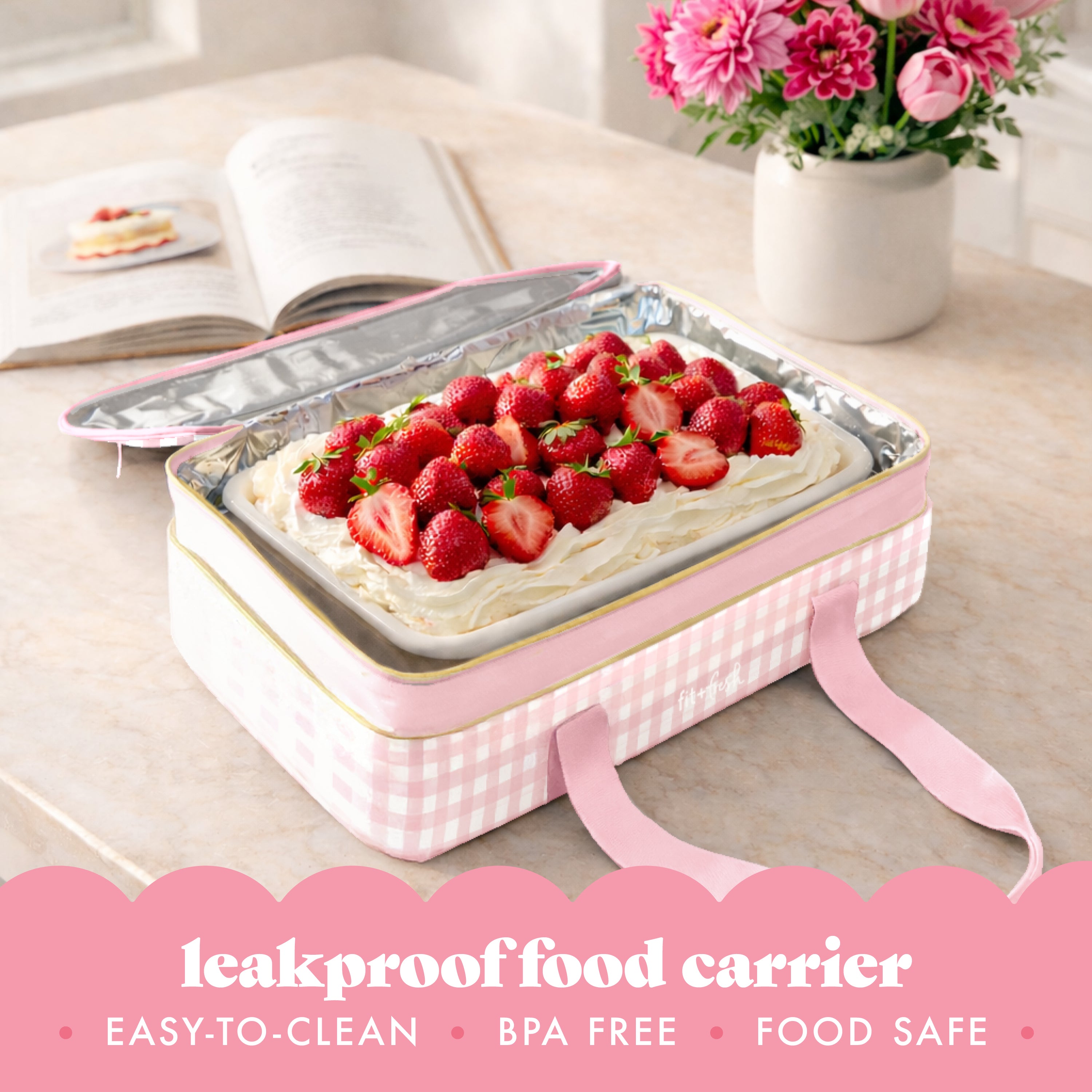 fit-fresh-insulated-double-decker-casserole-carrier-pink-gingham-expandable-two- image 2