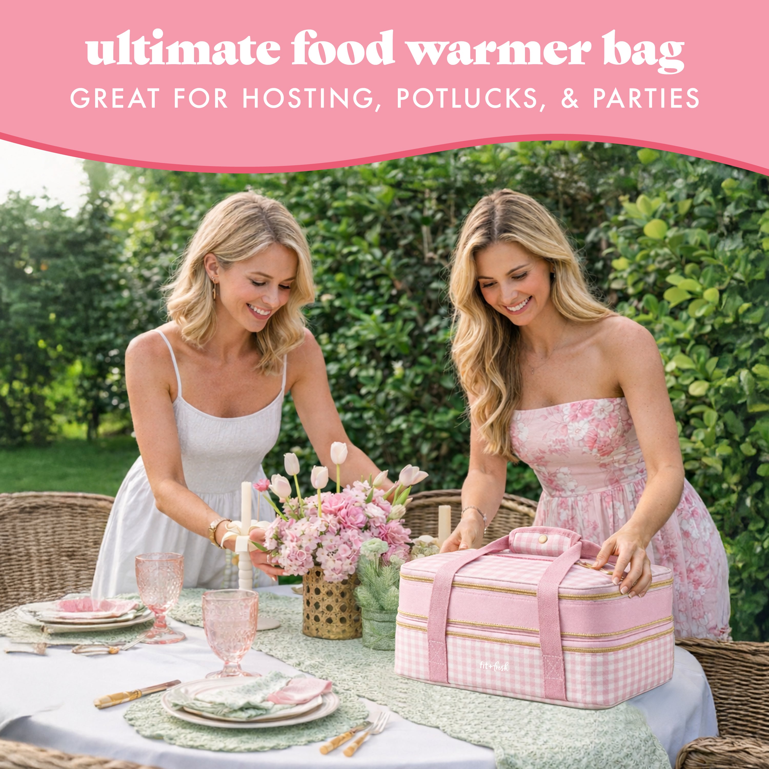 fit-fresh-insulated-double-decker-casserole-carrier-pink-gingham-expandable-two- image 3
