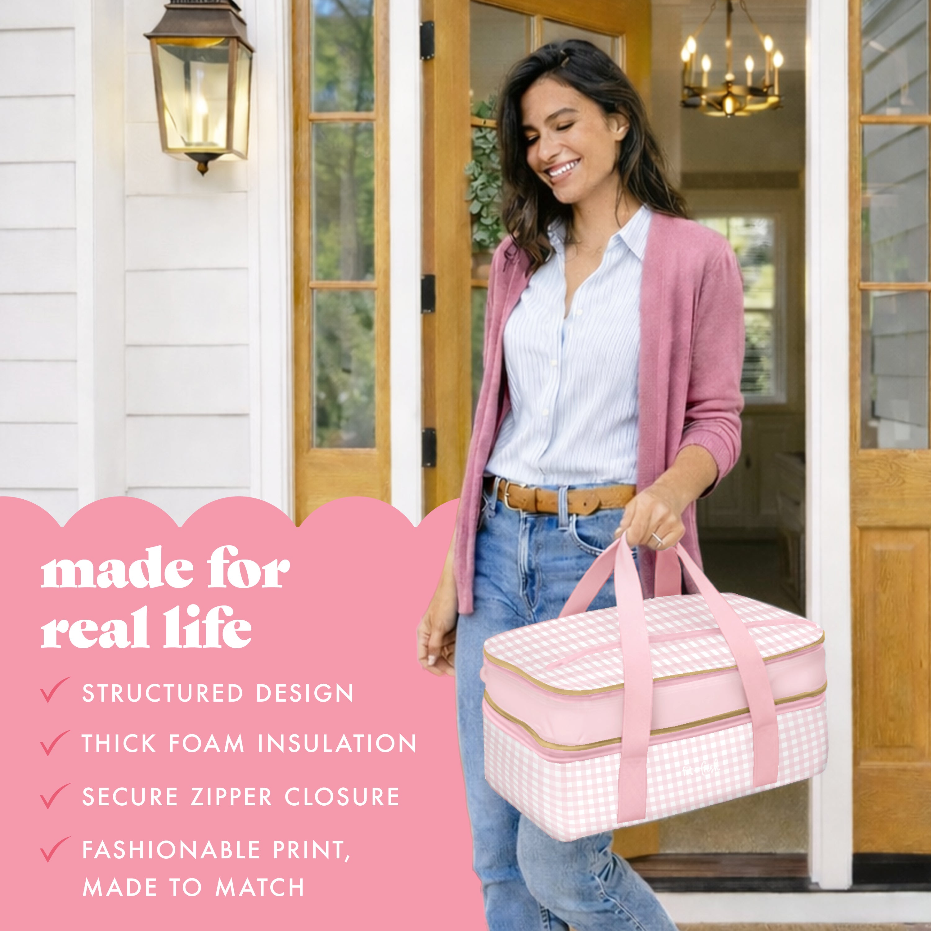fit-fresh-insulated-double-decker-casserole-carrier-pink-gingham-expandable-two- image 6