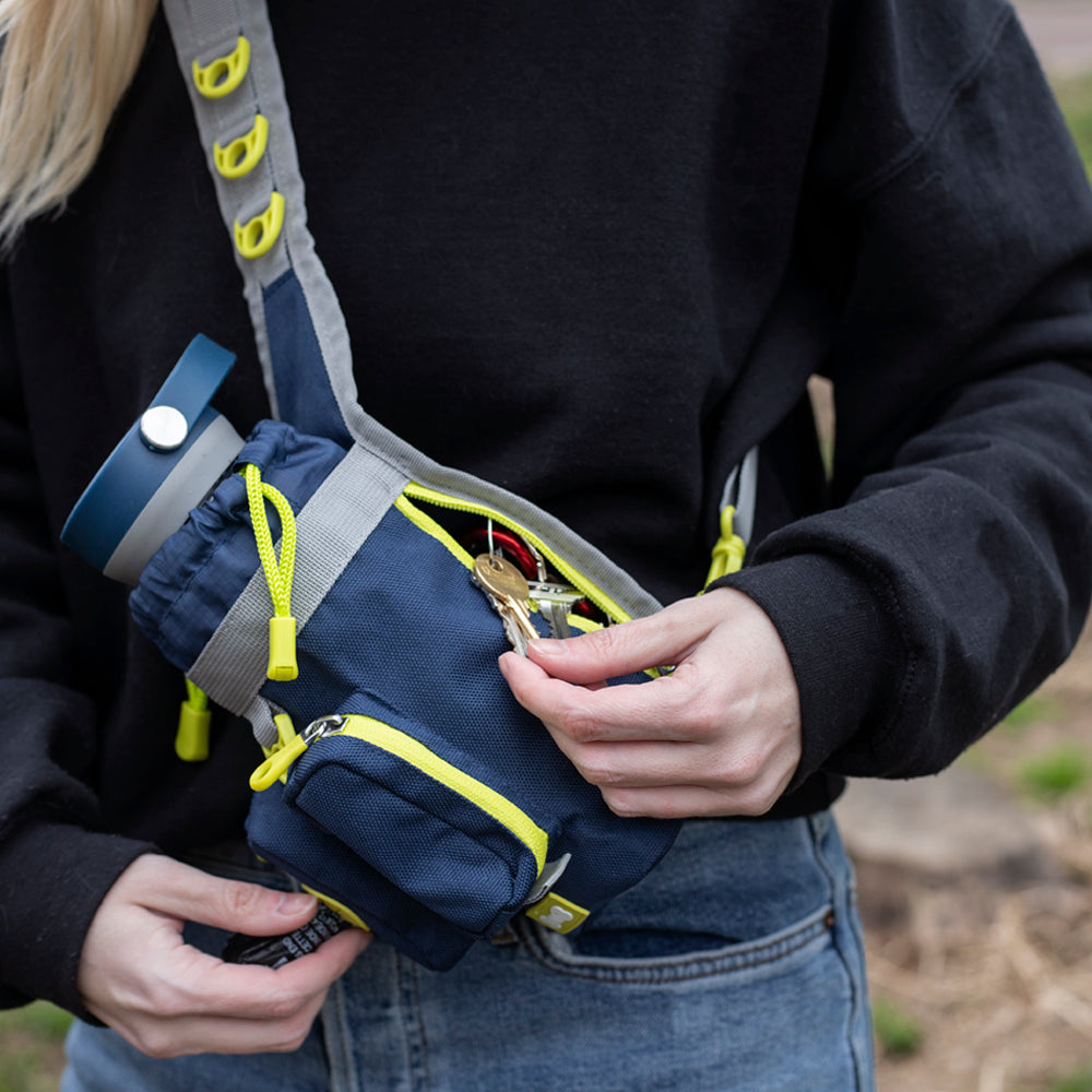 built-dog-excursion-bottle-sling-navy-and-lime-3-zipper-compartment-dog-walking- image 7