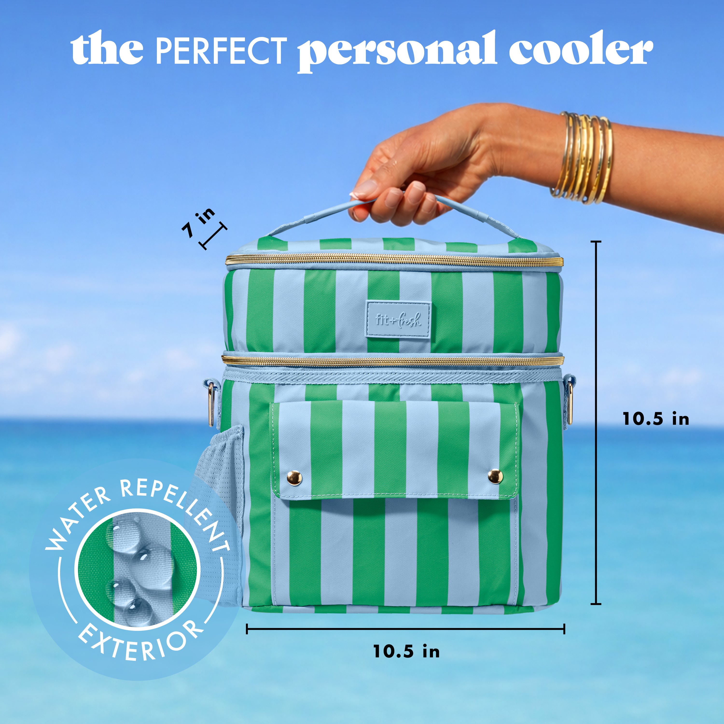 fit-fresh-sidekick-15-can-dual-compartment-cooler-bag-coastal-cabana-stripe-leak image 3
